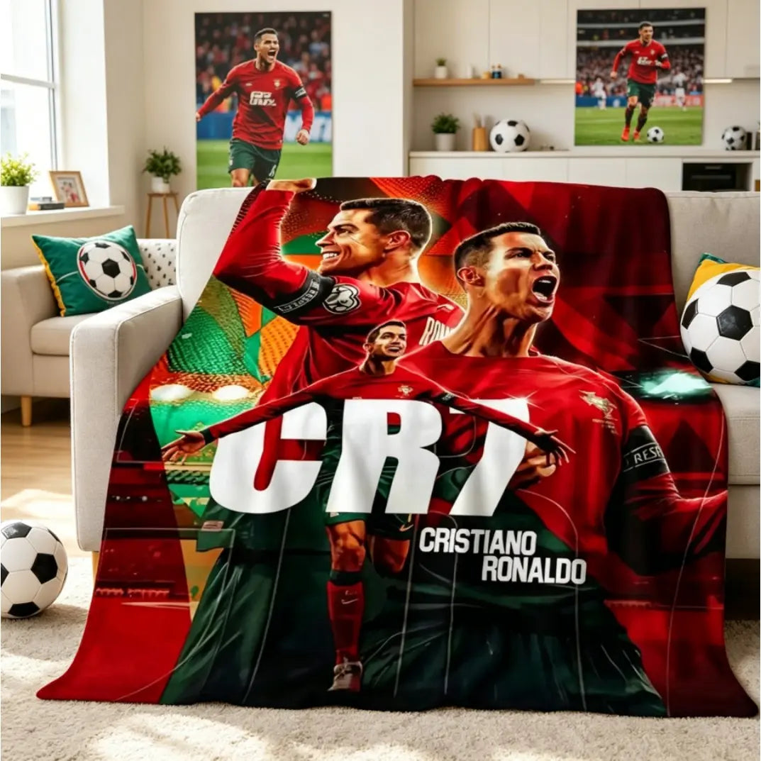 3D GOAT Ronaldo Cartoon Flannel Blanket - Polyester Fiber Throw, Cozy Warm Fluffy Soft Durable Fleece Blanket for Adults, Home & Travel Use on Sofa Bed Birthday Christmas Gift