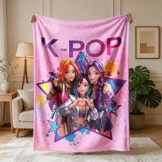 K-Pop Girl Group Illustration Flannel Blanket, Soft Blanket Throw, Large Size, Soft and Lightweight, Perfect for All Seasons, Ideal for Bed, Sofa, Office, Camping, Travel