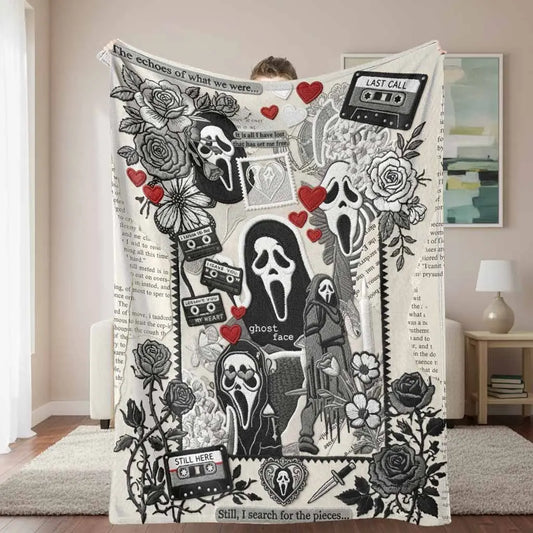 Ghost Face Roses Floral Cassette Embroidery Flannel Blanket - Soft, Warm, Lightweight, Wrinkle Resistant, Art Print Throw with Floral Accents & Face Print Option, Bedroom Decor, Halloween Decorations, House Decor Gift,sohochic