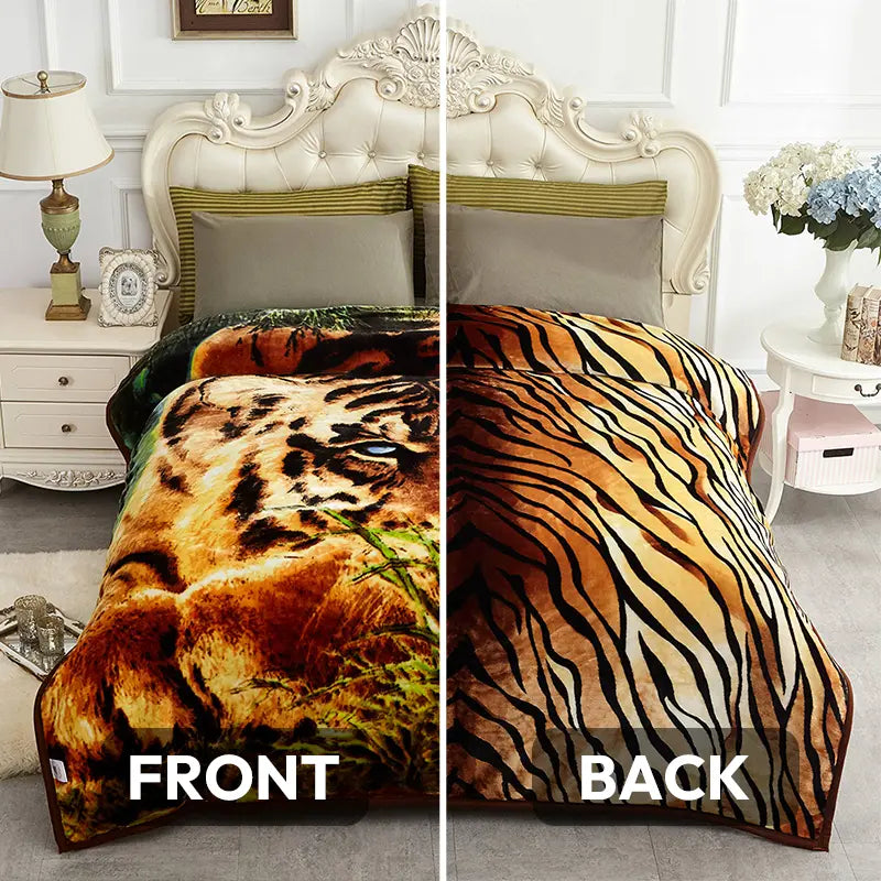 Queen Size Soft 2-Ply 520 GSM Reversible Plush Fleece Blanket, Floral Peony Motif Print, Modern Warm Bedding for Bed/Sofa, Hand Wash Only