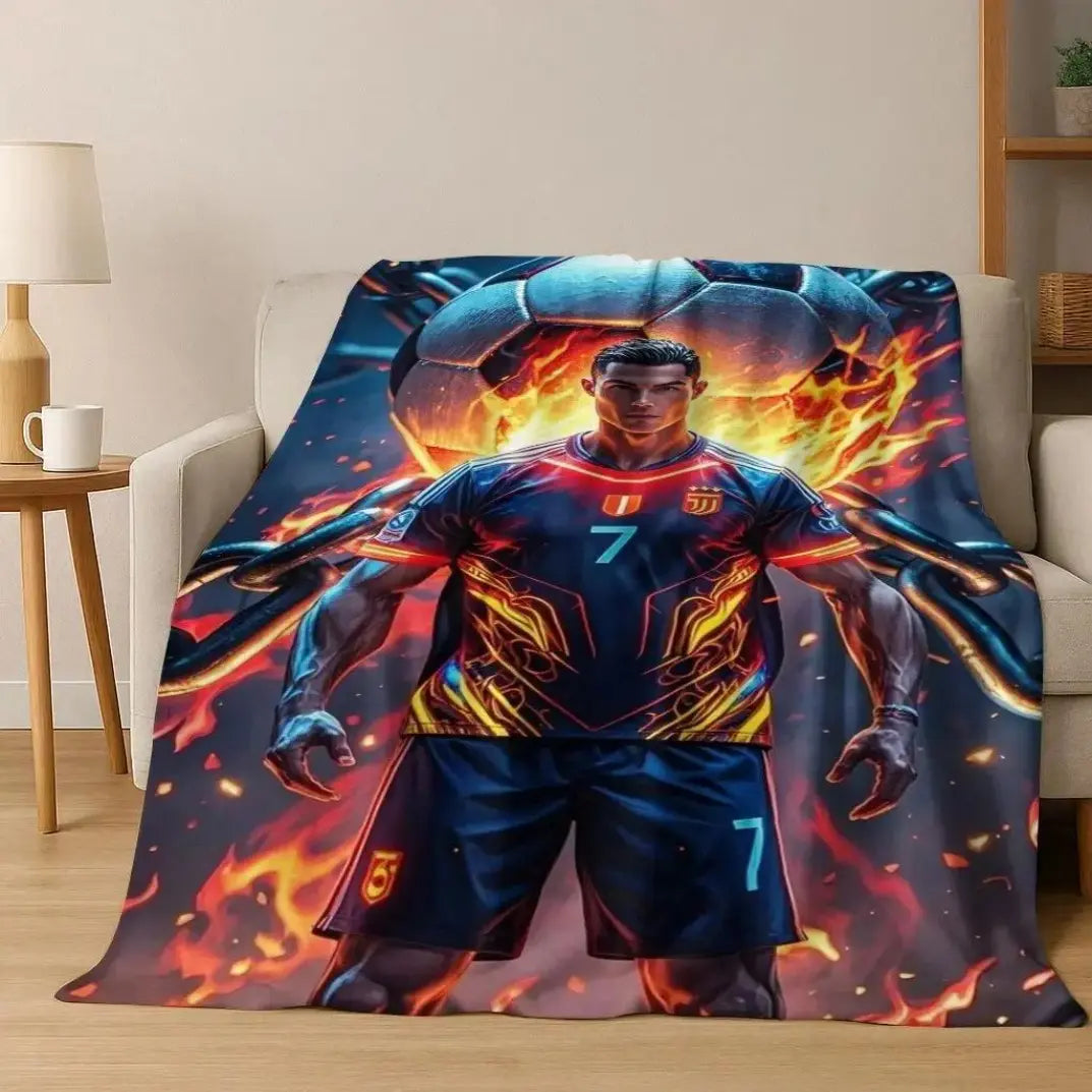 3D GOAT Ronaldo Cartoon Flannel Blanket - Polyester Fiber Throw, Cozy Warm Fluffy Soft Durable Fleece Blanket for Adults, Home & Travel Use on Sofa Bed Birthday Christmas Gift
