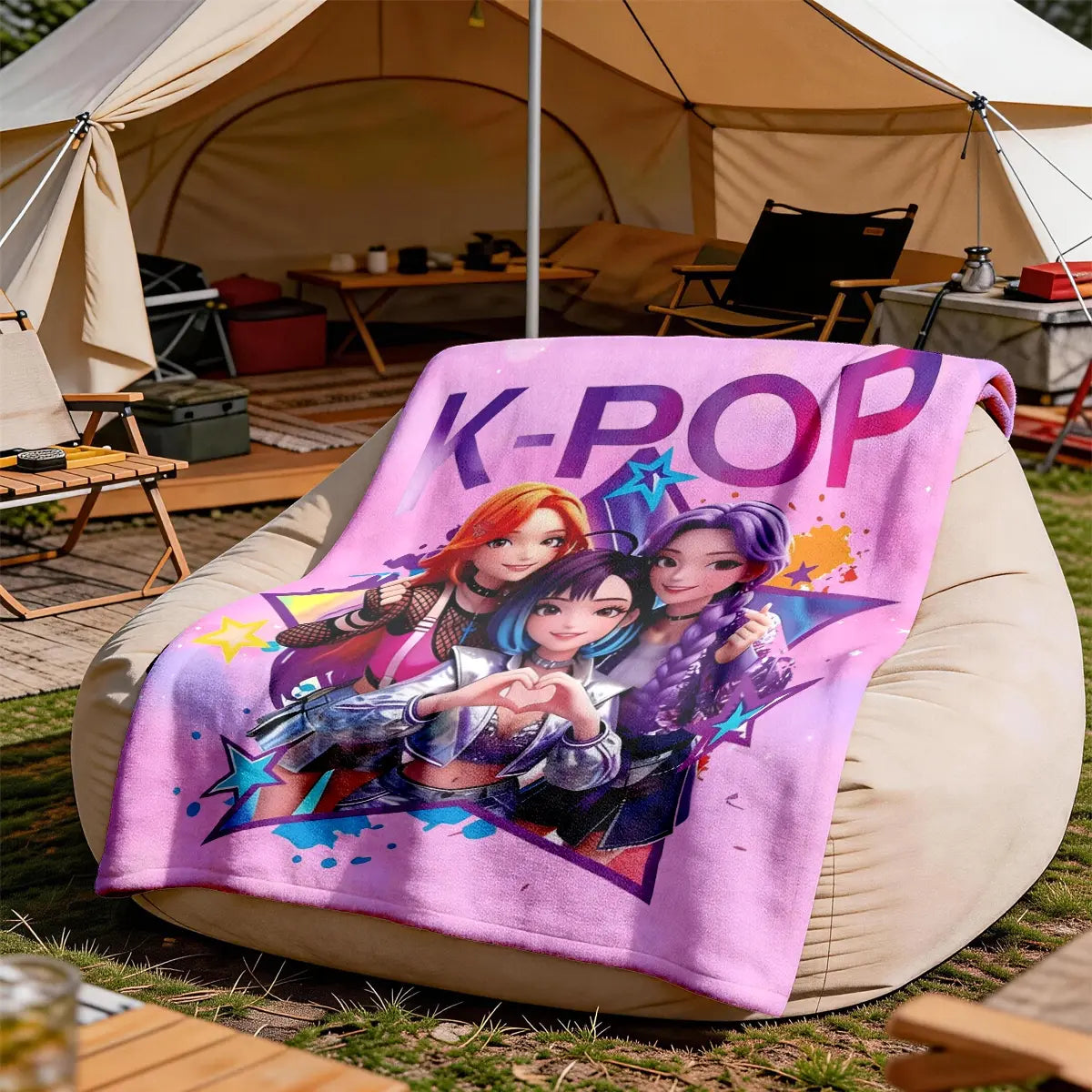 K-Pop Girl Group Illustration Flannel Blanket, Soft Blanket Throw, Large Size, Soft and Lightweight, Perfect for All Seasons, Ideal for Bed, Sofa, Office, Camping, Travel