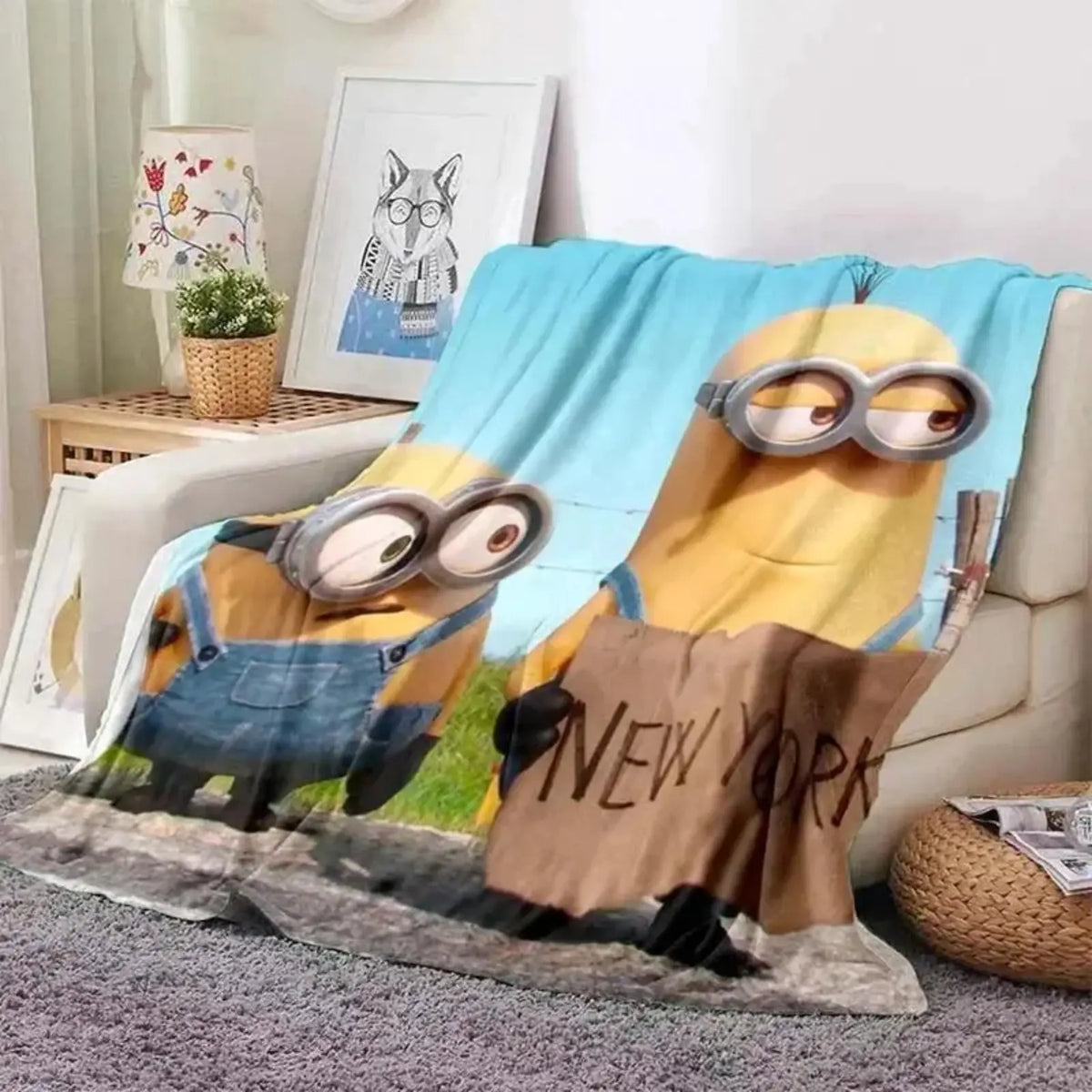 Cute Minions Printed Flannel Blanket 6 Sizes Soft Cozy Lightweight AC Throw Blanket Kids Adults Sofa Bed Bedroom Living Room Outdoor Travel Cartoon Bedding Movie Night Home Decor Gift Halloween Christmas Birthday Viral Blanket