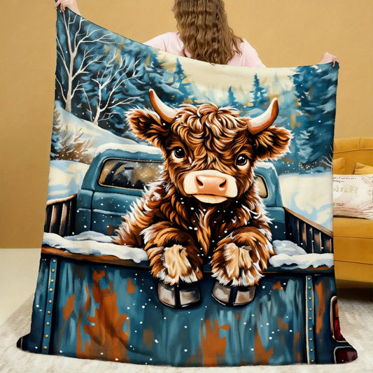 Cozy Soft Fluffy Throw Blanket - Highland Cow in Vintage Blue Truck, Winter Snowy Forest Flannel, Decorative Home Textile Leisure Blanket, Cozy Throw Blanket,sohochic