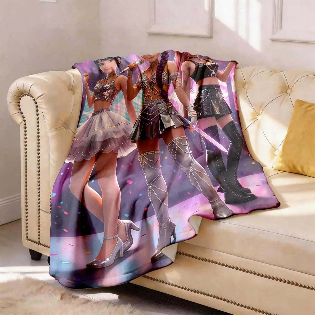 K-Pop Girl Group Illustration Flannel Blanket, Soft Blanket Throw, Large Size, Soft and Lightweight, Perfect for All Seasons, Ideal for Bed, Sofa, Office, Camping, Travel