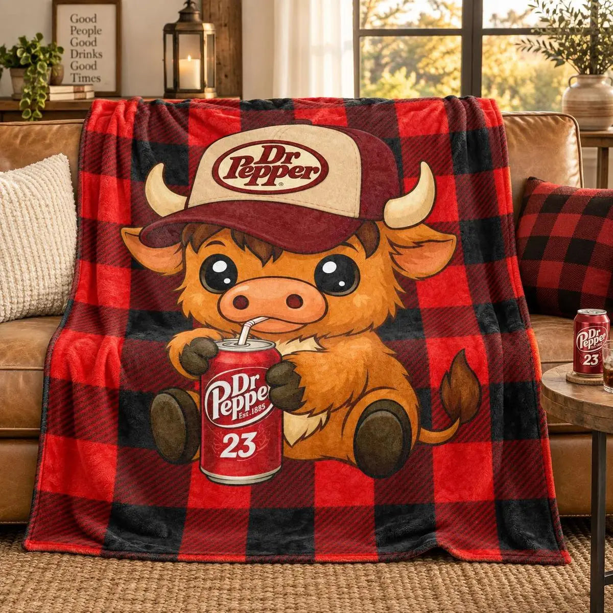 Highland Cow in Hat Cute Pattern Dr Pepper Flannel Throw Blanket - Red and Black Checkerboard Pattern Blanket, 1 Count Soft Lightweight Warming Bedding, Machine Washable for Easy Upkeep,sohochic