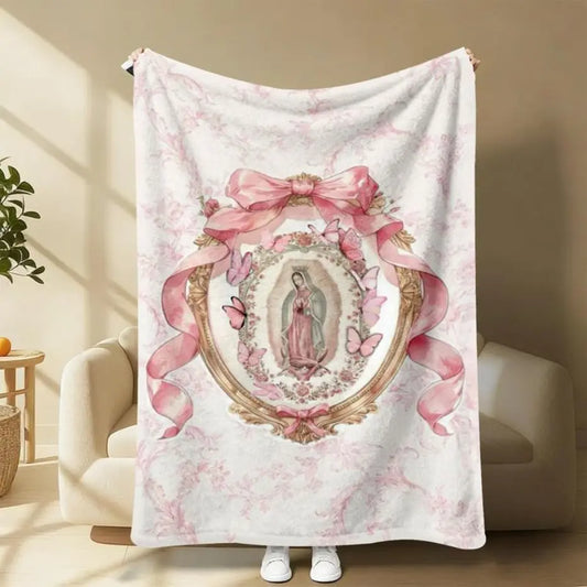 Our Lady of Guadalupe Pink Bow Frame Flannel Throw Blanket - Super Soft Warm Polyester, Fluffy Sloth-Patterned, Vivid Color Retention, AC-Room Breathable, Easy Machine Wash, Cute Decor, Ideal for Bed/Sofa, Gift for Feminine Catholic Fans