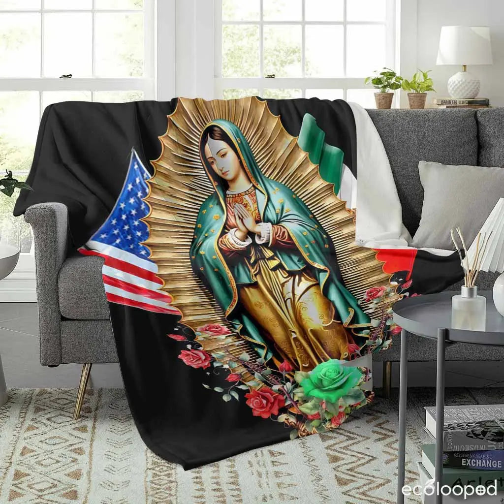 Virgin Mary Flannel Throw Blanket - American Patriotic USA-Mexico Flag Floral Print, Soft Warm Lightweight Wrinkle Resistant Flannel Fabric, Fits Sofas Beds and Cars, Ideal for Room Decor Cozy Setup & Gifting,sohochic