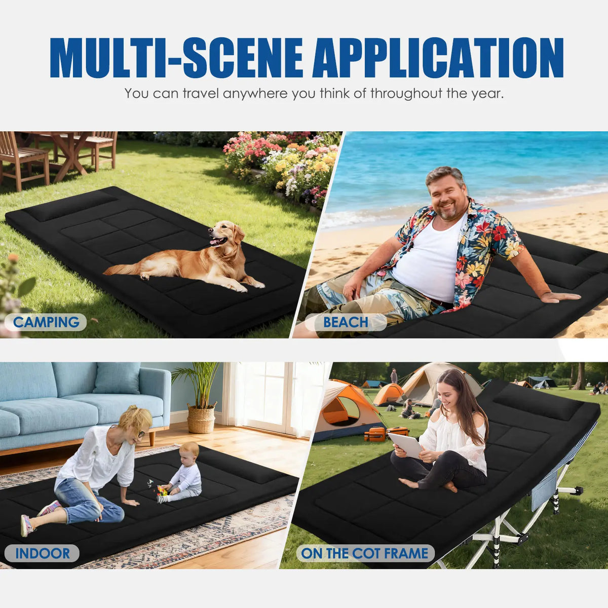 XXL Foldable Anti-Slip Floor Mattress - 80"x36" Heavy-Duty Fabric Camping Cot Sleeping Pad, Japanese Tatami Futon with Antislip Footing for Tent, Indoor Guest Use, Heavyduty Fabric
