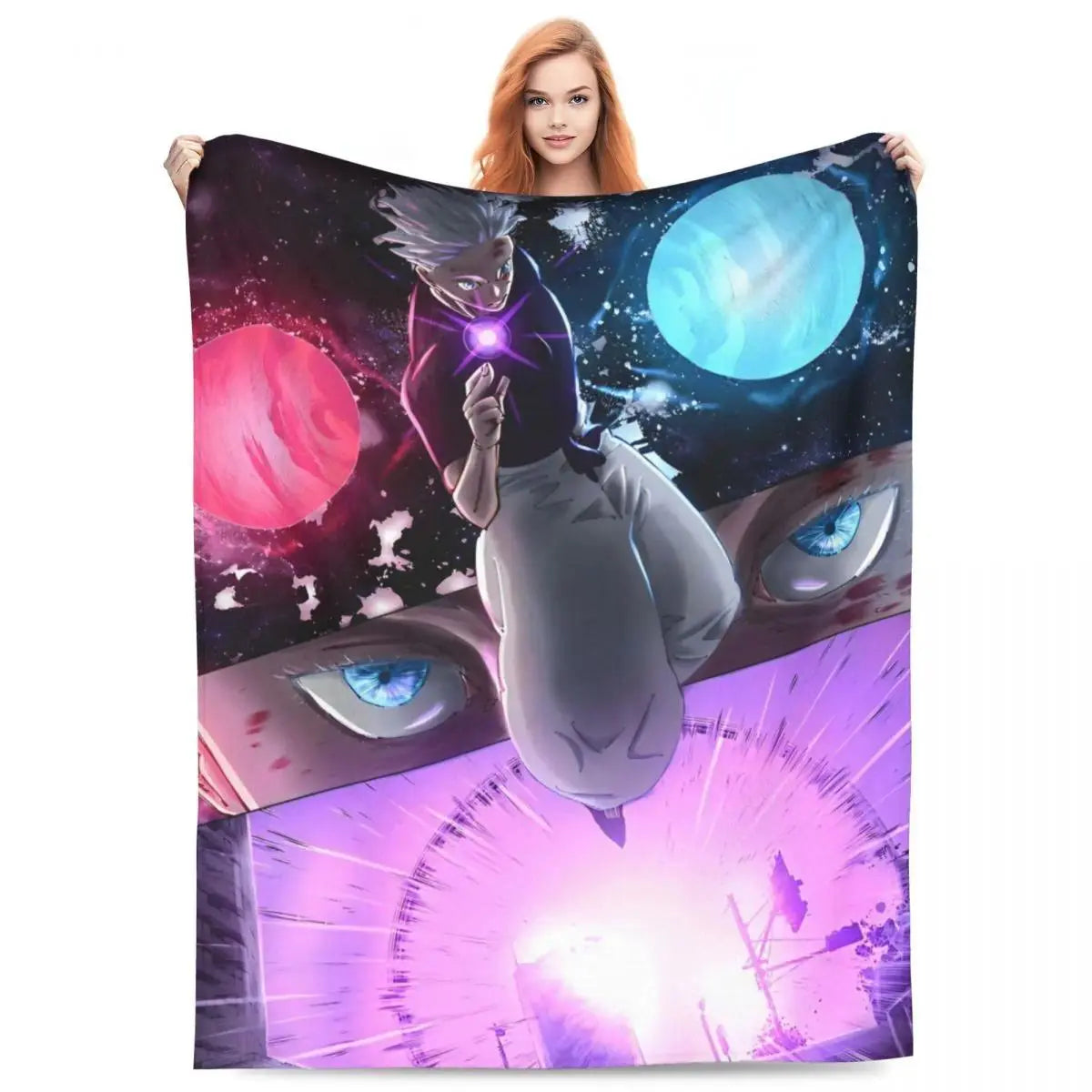 Gojo Satoru Jujutsu Kaisen Flannel Throw Blanket - Wrinkle Resistant, Soft Warm Bedding, Sofa Blankets, Living Room Home Decor Items (Sizes: 30×40in, 40×50in, 50×60in, 60×80in) Sohochic