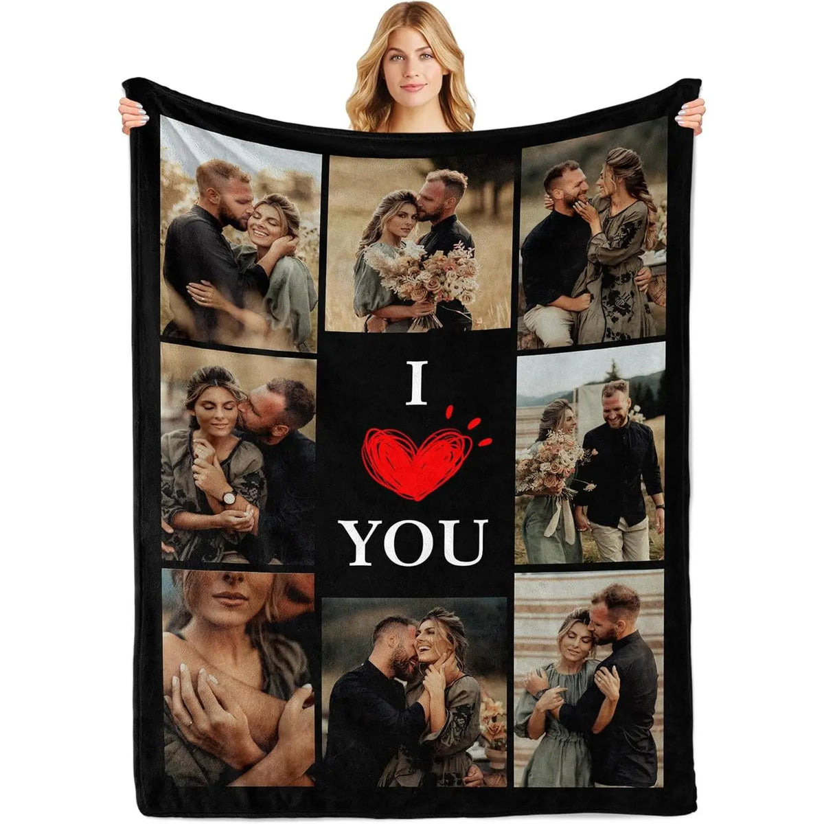 Personalized I Heart You 8 Picture Flannel Throw Blanket, Custom Couple Love Photo Soft Cover, Cozy Warm Romantic Gift for Girlfriend Boyfriend Her Him, Valentine Anniversary Home Decor for Couch Sofa Bed, Summer AC Nap Blanket, Memory Keepsake