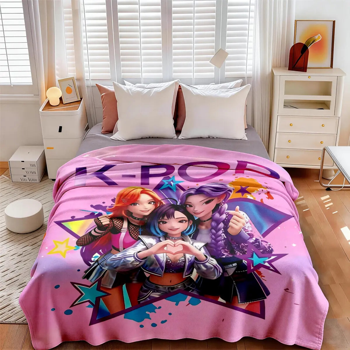 K-Pop Girl Group Illustration Flannel Blanket, Soft Blanket Throw, Large Size, Soft and Lightweight, Perfect for All Seasons, Ideal for Bed, Sofa, Office, Camping, Travel