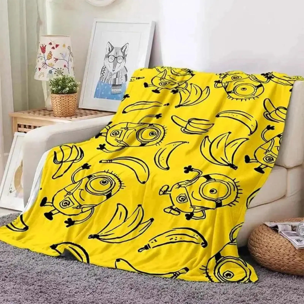 Cute Minions Printed Flannel Blanket 6 Sizes Soft Cozy Lightweight AC Throw Blanket Kids Adults Sofa Bed Bedroom Living Room Outdoor Travel Cartoon Bedding Movie Night Home Decor Gift Halloween Christmas Birthday Viral Blanket