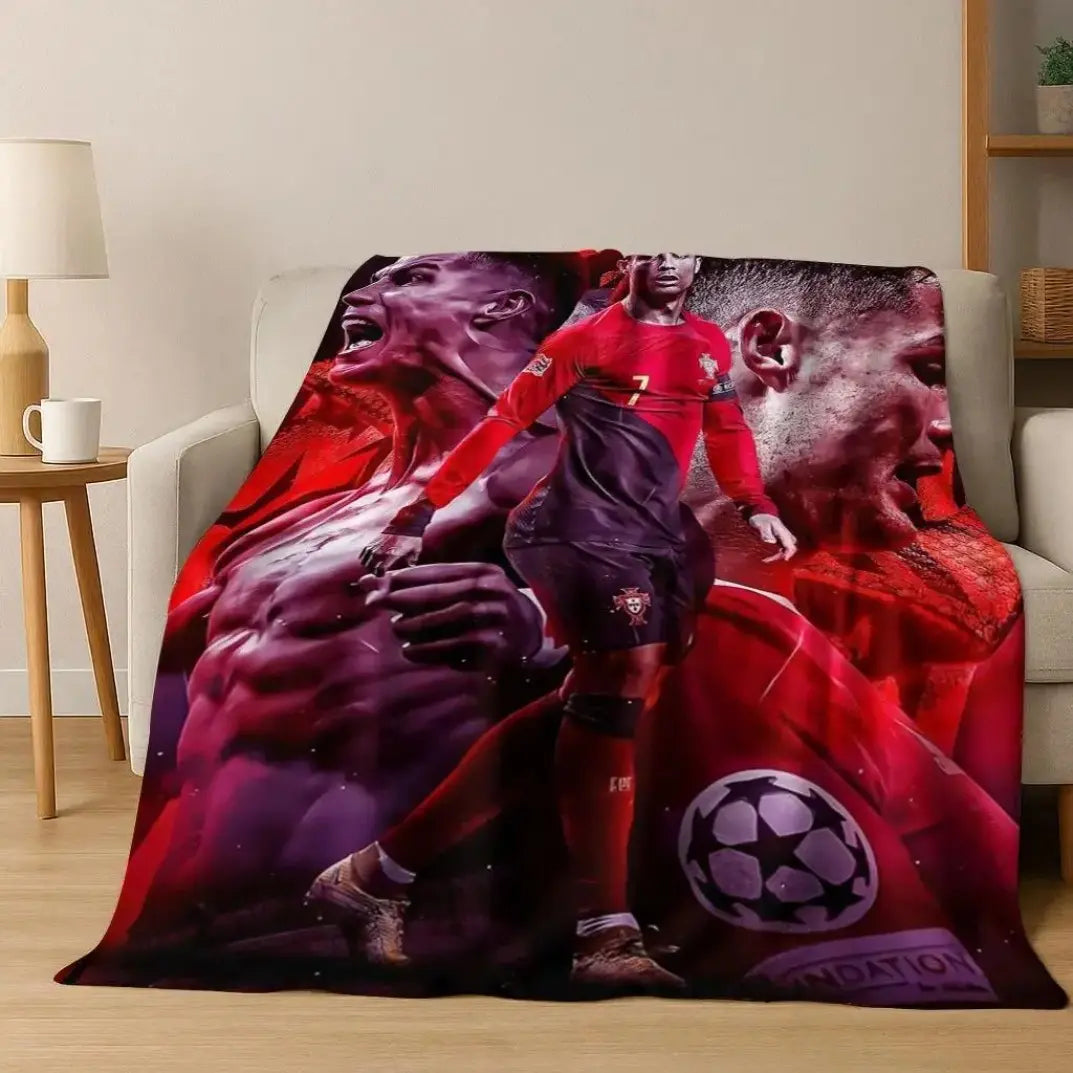3D GOAT Ronaldo Cartoon Flannel Blanket - Polyester Fiber Throw, Cozy Warm Fluffy Soft Durable Fleece Blanket for Adults, Home & Travel Use on Sofa Bed Birthday Christmas Gift